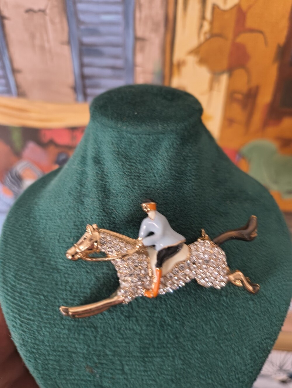 Gold Tone Crystal&Enamel Equestrian Brooch